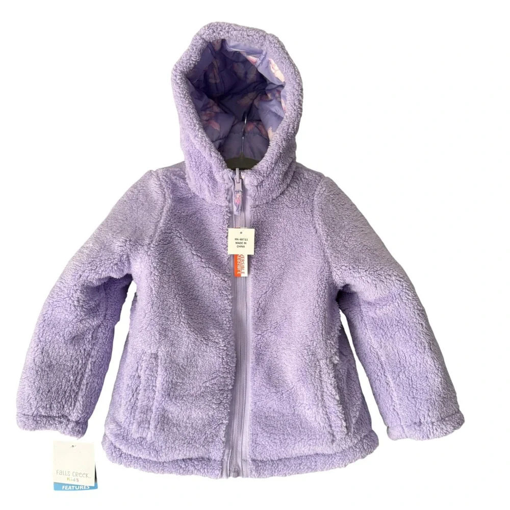 Falls Creek Kids 5T Reversible Puffer Coat Purple Butterfly Sherpa Insulated New